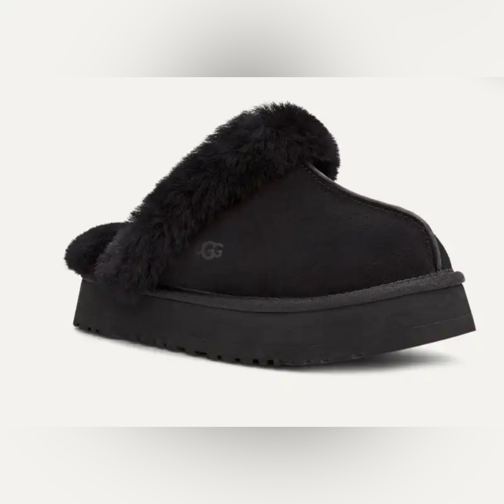 UGG DISQUETTE Platform Sheepskin & Suede Slippers BLACK Size USA 5 EU36